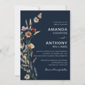Marineblauw Tiny Wildflower huwelijksceremonie Kaart (Voorkant)