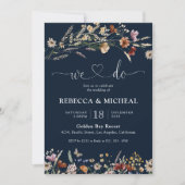 Marineblauw Tiny Wildflower huwelijksceremonie Kaart (Voorkant)