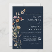 Marineblauw Tiny Wildflower huwelijksceremonie Kaart (Voorkant)