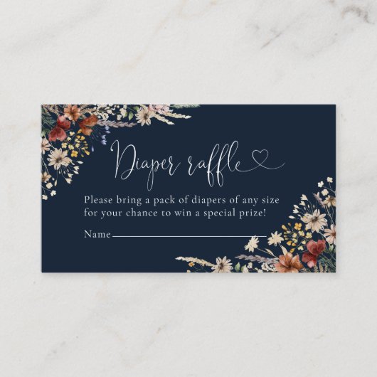 Marineblauw Tiny Wildflower Luier Raffle Informatiekaartje (Voorkant)