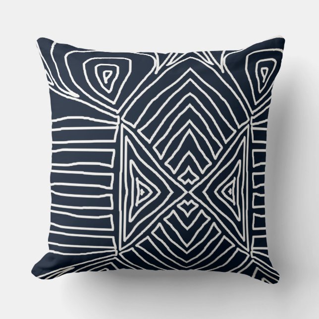 marineblauw Tribal Maze Mud Cloth Pattern Kussen (Voorkant)