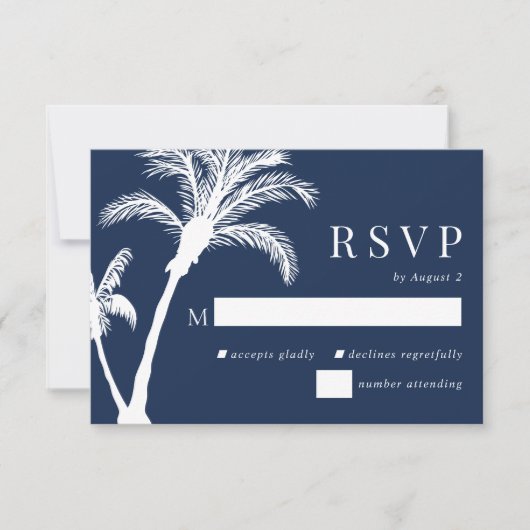 marineblauw Tropisch palmstrand bruiloft RSVP Kaartje (Voorkant)