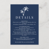 Marineblauw tropische palmboom bruiloft details informatiekaartje (Voorkant)