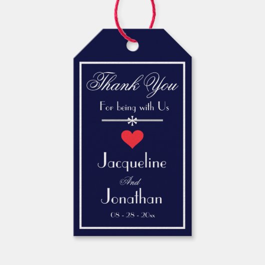 Marineblauw Trouw Chic Script Rode Hart Dank Je We Cadeaulabel (Voorkant)