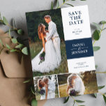 Marineblauw Trouwkaart 'Save The Date' met 3 foto' Save The Date<br><div class="desc">Perfect voor moderne koppels,  deze op maat gemaakte save the date heeft een strakke typografie,  een slanke witte achtergrond en ruimte voor jullie namen,  datum en gepersonaliseerde bericht. Of jullie nu een hedendaagse stadsbruiloft of een chic bestemmingsfeest plannen,  deze fotokaart zet de toon prachtig.</div>