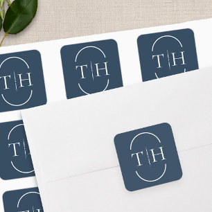 Marineblauw trouwmonogram in ovale lijst vierkante sticker