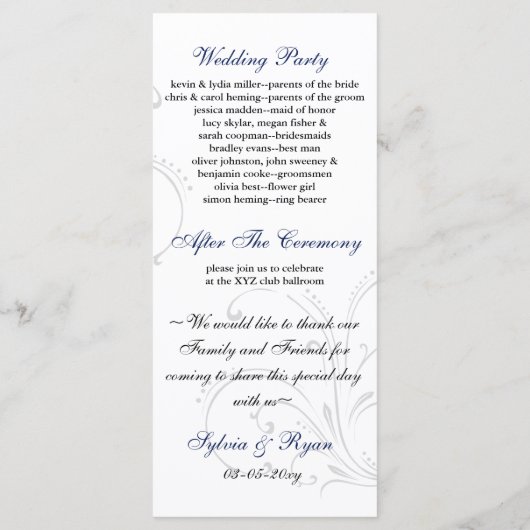 "marineblauw" Trouwprogramma Programmakaart (Achterkant)