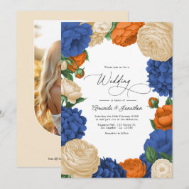 Marineblauw, Verbrand Oranje & Champagne Bloemige  Kaart