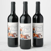 Marineblauw verbrand Sinaasappel Bloemenbruiloft Wijn Etiket (Flessen)