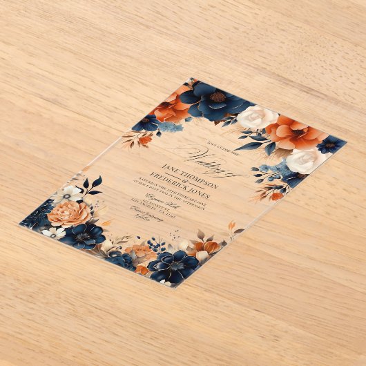 Marineblauw, Verbrand Sinaasappel & Champagne Bloe Acryl Uitnodigingen (Laagn)