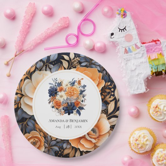 Marineblauw, Verbrand Sinaasappel & Champagne Bloe Papieren Bordje (Feest)