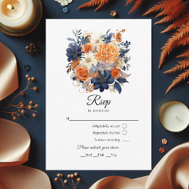 Marineblauw, Verbrand Sinaasappel & Champagne Bloe RSVP Kaartje