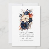 Marineblauw, Verbrand Sinaasappel & Champagne Bloe Save The Date (Voorkant)