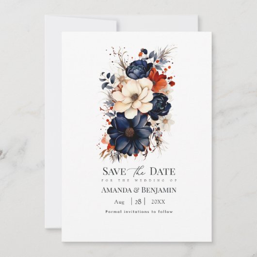 Marineblauw, Verbrand Sinaasappel & Champagne Bloe Save The Date (Voorkant)