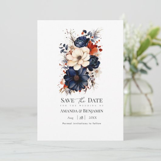 Marineblauw, Verbrand Sinaasappel & Champagne Bloe Save The Date (Staand voorkant)