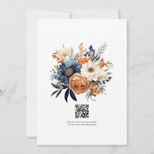 Marineblauw, Verbrand Sinaasappel & Champagne Bloe Save The Date (Achterkant)