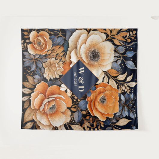 Marineblauw, Verbrand Sinaasappel en Champagne Bru Wandkleed (Voorkant (horizontaal))