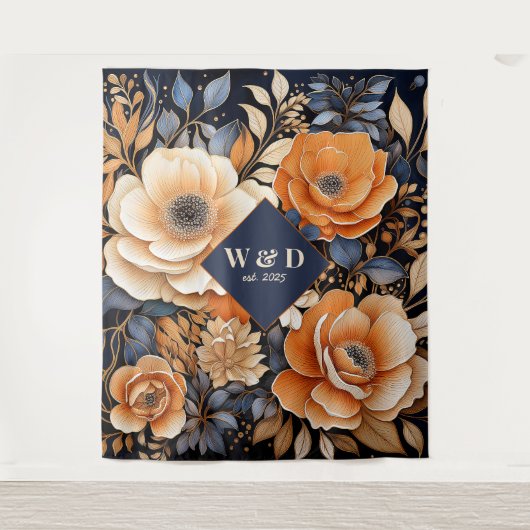 Marineblauw, Verbrand Sinaasappel en Champagne Bru Wandkleed (Voorkant)