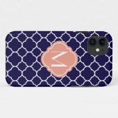 Marineblauw Vierblad Motief met Monogram Case-Mate iPhone Case (Achterkant (horizontaal))