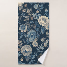 Marineblauw Vintage Bloem Botanisch Patroon Badhanddoek