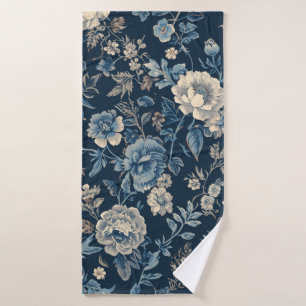 Marineblauw Vintage Bloem Botanisch Patroon Badhanddoek
