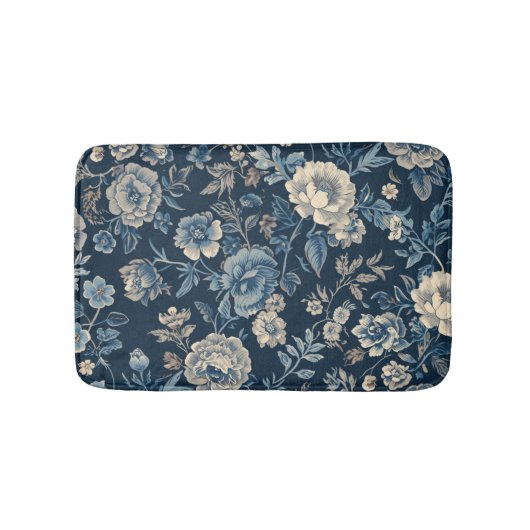 Marineblauw Vintage Bloem Botanisch Patroon Badmat (Voorkant)