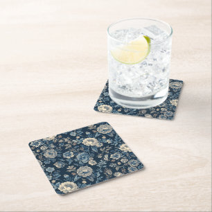 Marineblauw Vintage Bloem Botanisch Patroon Kartonnen Onderzetters