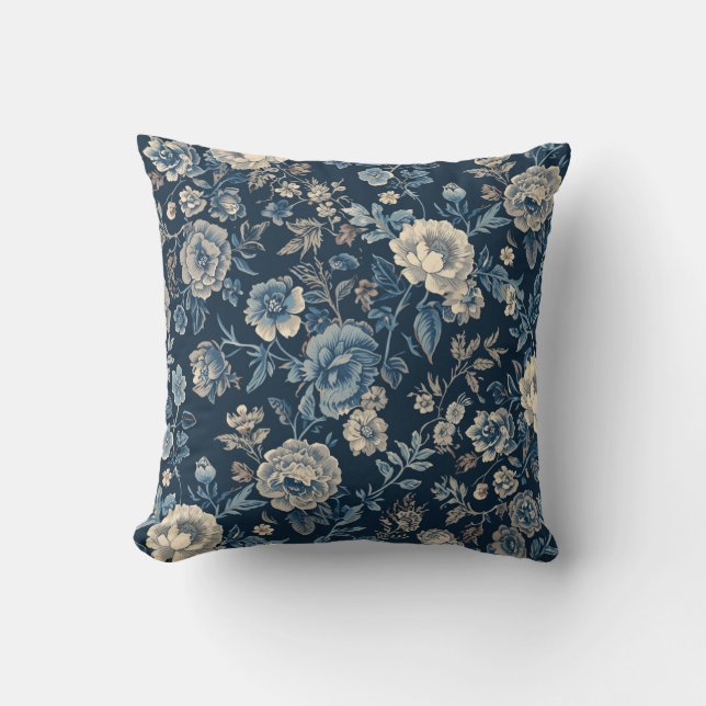 Marineblauw Vintage Bloem Botanisch Patroon Kussen (Voorkant)