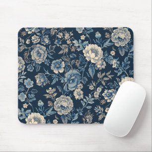 Marineblauw Vintage Bloem Botanisch Patroon Muismat