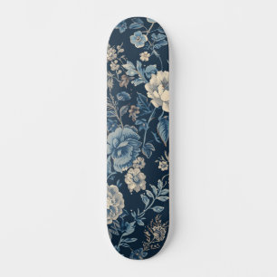 Marineblauw Vintage Bloem Botanisch Patroon Persoonlijk Skateboard
