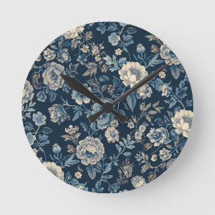 Marineblauw Vintage Bloem Botanisch Patroon Ronde Klok
