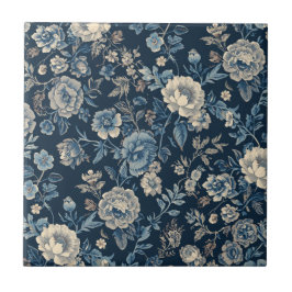 Marineblauw Vintage Bloem Botanisch Patroon Tegeltje