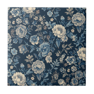 Marineblauw Vintage Bloem Botanisch Patroon Tegeltje