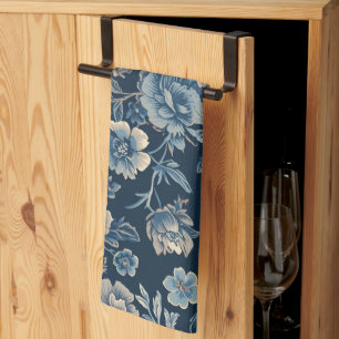 Marineblauw Vintage Bloem Botanisch Patroon Theedoek