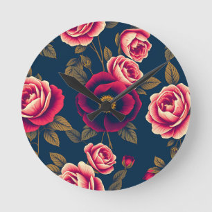 Marineblauw Vintage Bloemmotief Koraalrozen Gouden Ronde Klok