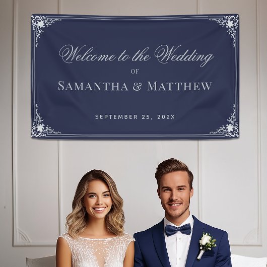 Marineblauw Vintage Elegant Script Bruiloft Welkom Spandoek