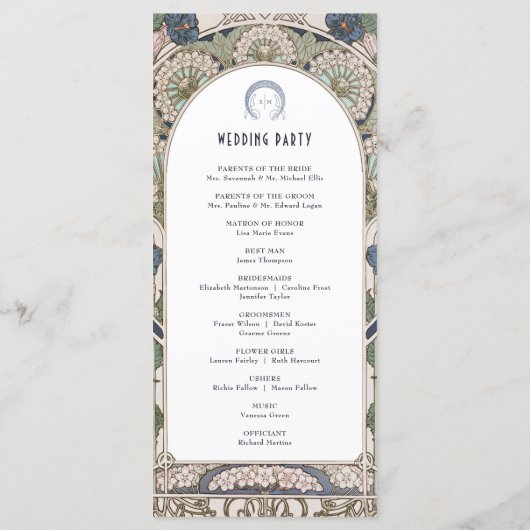 Marineblauw Vintage Trouwprogramma Art Nouveau Programmakaart (Achterkant)