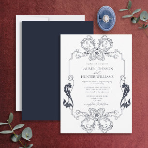 marineblauw-vogellijn Kunstmonogram bruiloft Kaart