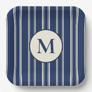 Marineblauw Warm Ivoor Klassieke Elegante Strepen Papieren Bordje