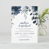 Marineblauw Waterverf Bloemenboeket Bruiloft Kaart (Staand voorkant)