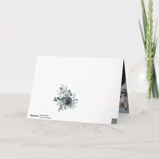 Marineblauw Waterverf Bloemenbruiloft | FOTO Bedankkaart (Achterkant)