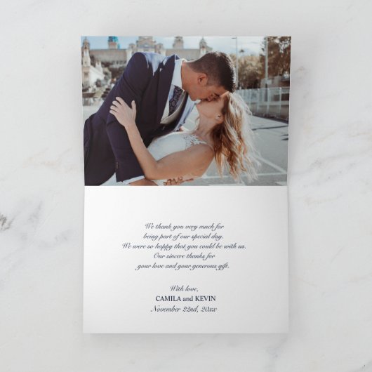 Marineblauw Waterverf Bloemenbruiloft | FOTO Bedankkaart (Binnen)