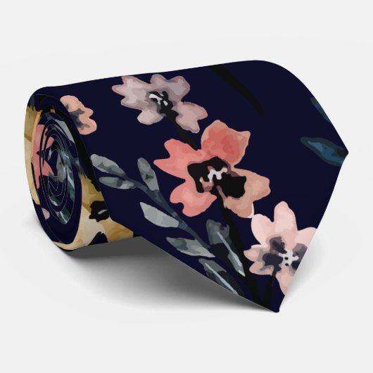 Marineblauw Waterverf Botanisch Bloemenpatroon Stropdas (Opgerold)