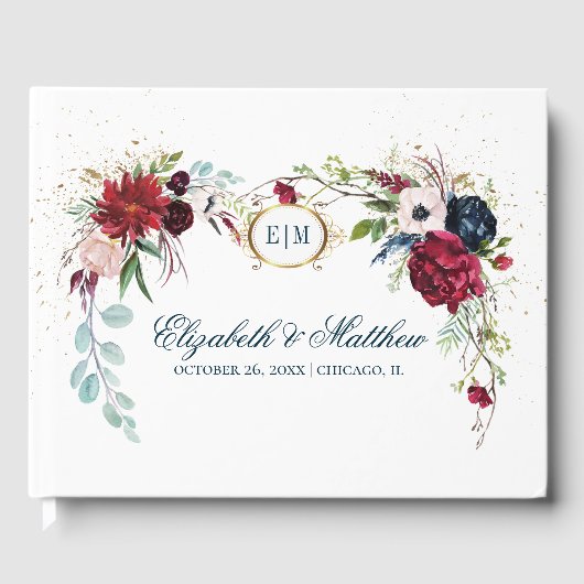 Marineblauw | Waterverf Bruiloft met Bloeiende Bur Gastenboek (Voorkant)