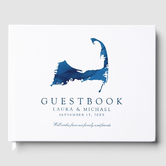 Marineblauw Waterverf Cape Cod Kaart Bruiloft Gastenboek (Voorkant)