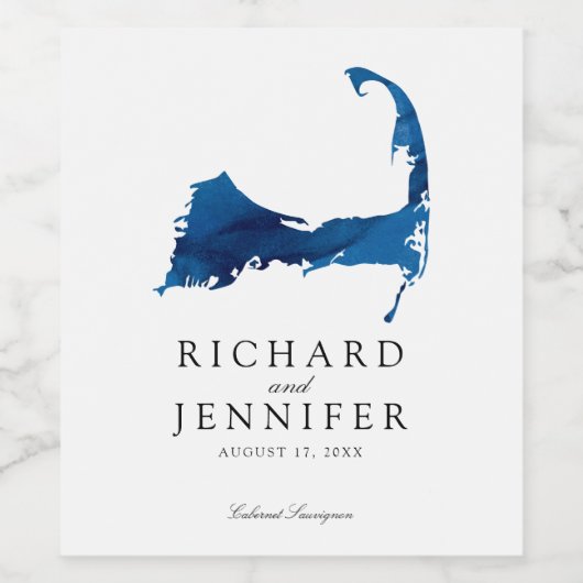 Marineblauw Waterverf Cape Cod Kaart Bruiloft Wijn Etiket (Enkel label)