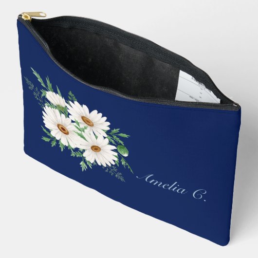 Marineblauw & Waterverf Daisies Cosmetische Tas (Open)