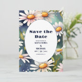 Marineblauw Waterverf Daisy Bruiloft Save The Date (Staand voorkant)