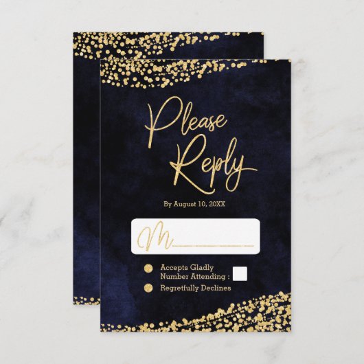 Marineblauw Waterverf & Goud Bruiloft Antwoord RSV (Voorkant / Achterkant)
