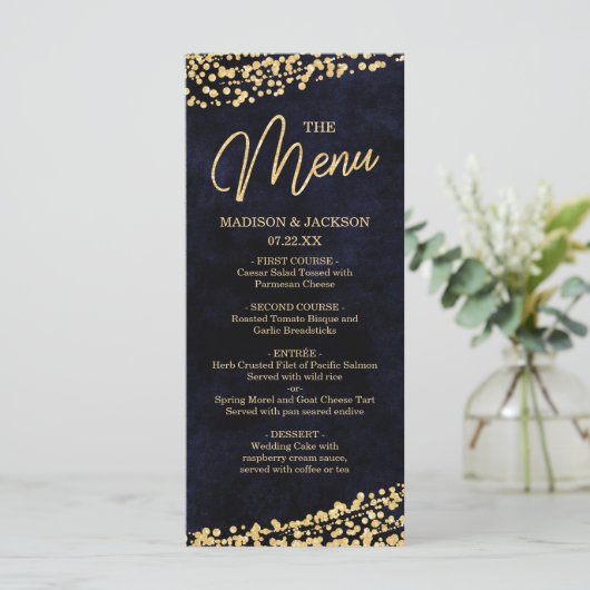 Marineblauw Waterverf & Goud Confetti Bruiloft Men Menu (Staand voorkant)